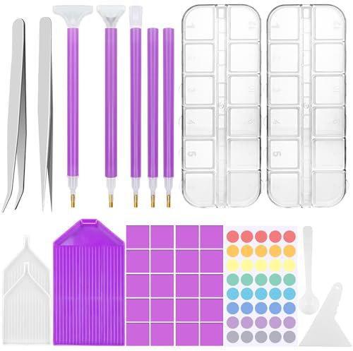 REJOECE Diamond Painting Accessories, 35Pcs DIY 5D Diamond Art Tool Kit with 12 Grids Mini Diamond Box,Point Drill Pen, Tweezers,Roller Tray, Storage Case for Diamond Embroidery and Nail Art