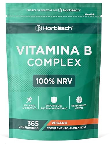 Vitamina B Complex Alto Dosaggio | 365 Compresse Vegane per 1 Anno | Integratore con Biotina Acido Folico e Colina | Vitamina Gruppo B Completo con Vitamina B1, B2, B3, B6, B12 | Horbaach