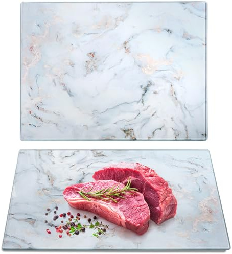 WRINGKIT Set of 2 Glass Cutting Board with Marble Pattern, Tempered Glass Chopping Board with Non-Slip Feet, 40x 30cm / 16x 12 Large Glass Board for Countertop, Kitchen, Easy to Clean