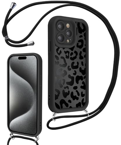 Xylota Coque avec Cordon pour iPhone 15 Pro Max 6,7'', Aesthetic Etui avec Réglable Collier Souple Silicone Corde Caméra Protection Case avec Motif, Lanyard Housse pour iPhone 15 Pro Max,Léopard