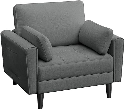 Yaheetech Fauteuil de Salon Moderne avec Accoudoir et Poches Chaise Relax avec Coussins Cadre en Bois Fauteuil Chambre en Tissu pour Salon Gris