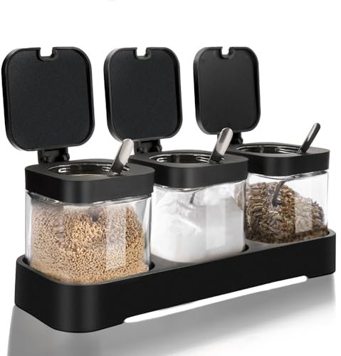 DIYJEP juego de 3 Tarros de cristal con tape para Condimentos, Azucarero Saleros de Cocina con Cuchara, Botes de Cristal para Especias,Caja de Almacenaje Transparente para Azúcar Sal Té Granos(Negro)