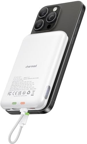 Charmast Power Bank 10000mAh, 20W Fast Charging Portable Charger with Built-in Cable, Slim USB C Battery Pack Compatible with iPhone Samsung and Mor(White)