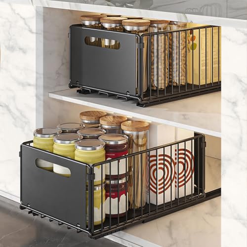 2 Stück Teleskopschublade, Faltbar Ausziehbare Schublade Küche, Metall Ausziehbarer Schrank Organizer, Kein Bohren Pull Out Cabinet organizer, Küchenschrank Organizer für Küche, Bad, Wohnzimmer