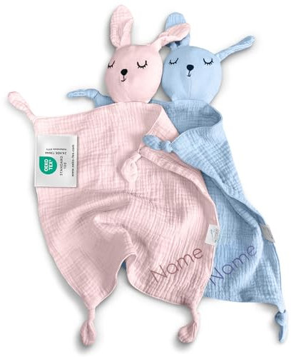my STITCHERY Doudou pour bébé avec nom brodé, certifié Oeko-TEX® Standard 100, doudou personnalisé en mousseline douce (rose)