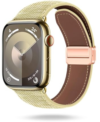 ONEFLOW Denim Loop kompatibel mit Apple Watch 6 (44mm) Armband aus Jeans Stoff, Ersatzarmband in Demin Design, Textil iWatch Armbänder Damen Herren Ersatz Watch Band Magnetisch, Gold