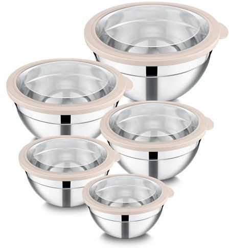 Joyfair Mixing Bowls, 5 Pcs Stainless Steel Nesting Salad Bowl with Airtight Transparent Lids, Metal Bowl Set Ideal for Kitchen Mixing Baking Serving Storing Washing- 4.6/2.5/1.6/1.2/0.7QT, Khaki