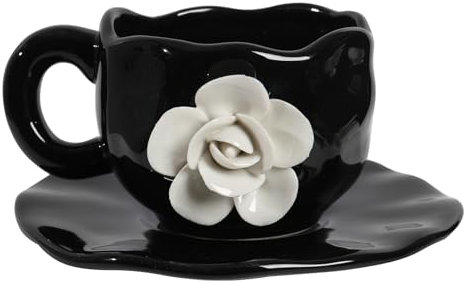 YGTUCE Ceramic Coffee Mugs with Saucer Set, Aesthetic Handmade 3D Flower Unique Cup for Tea Latte Milk Hot Chocolate, 11OZ