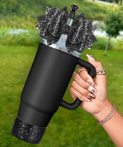 OffiEase Bow Accessories for Stanley Cup 40 30 oz - Black Bow Straw Cover Lid Topper Diamond Caps Silicone Boot Sleeve Decor for Stanley Water Bottle Tumbler