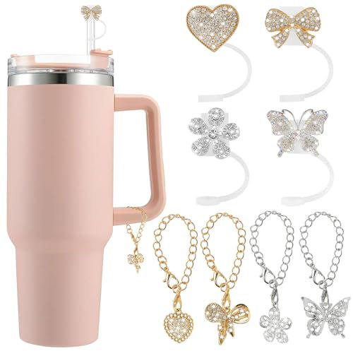 8 PCS Cup Accessories for Stanley, 10mm 0.4 Cup Straw Cover for Stanley with Butterflies, Shiny Diamond Bows, Flowers and Matching Chain Charms for 30 & 40oz Tumblers with Handle(Gold & Silver