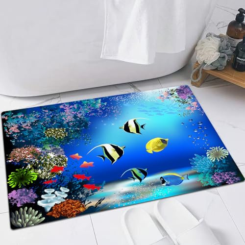 FSDGY Badvorleger Fußmatte Flauschig Teppich Badezimmerteppich Duschmatte für Bade & Wohnzimmer Schlafzimmer,Unterwasser, tropisches Meeresleben mit bunten Fischen,40x60 cm