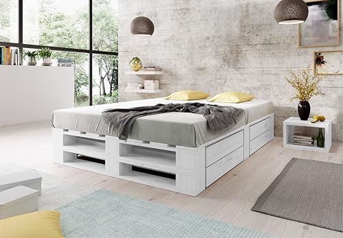 Lermowood Palettenbett M2 aus Holz 140 x 200 cm Weiß mit Lattenrost und 2 Bettkästen Holzbett 30cm Stabiles Seniorenbett Kinderbett Jugendbett Gästebett erhöhtes Bettgestell Futonbett Komforthöhe