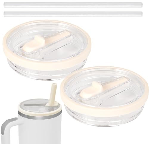 Stanley Cup Lid, 2Pcs Stanley Replacement Lid, Leakproof Lids with Straw for 40oz Replacement, Reusable Spill Proof Water Bottle Tumbler Lids for Stanley Cup Accessories (Beige, 40oz)