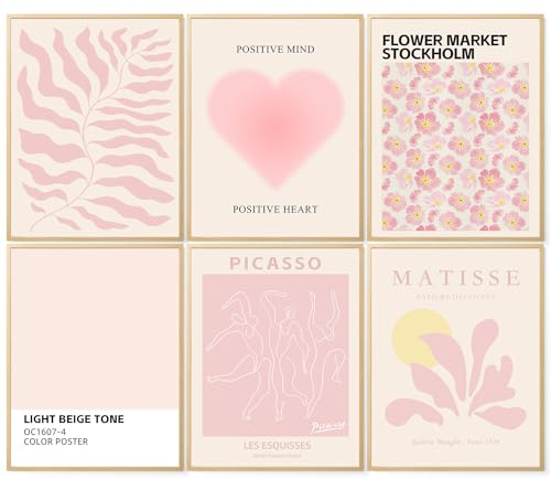 AIMEE Rose Rose Pink Matisse Wandkunstdrucke – 6 Stück, 20,3 x 25,4 cm, abstrakte Vintage-Poster, niedliche Raumdekoration für Teenager-Mädchen, hellrosa Wandkunst für Schlafzimmer, ungerahmt