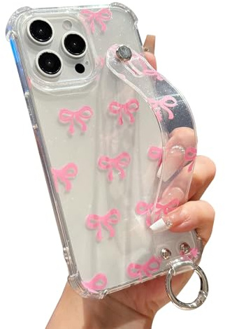 LLZ.COQUE for iPhone 14 Pro Shiny Bow Case Wirstband, Bow