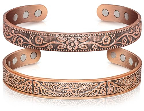 Auramag Copper Bangle for Women, Magnetic Cuff Bangle with 3500 Gauss Magnets, 100% Pure Copper Jewelry with Gift Box(Set of 2)
