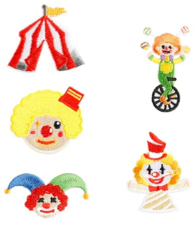 5 Stück Circus Serie Bügelbilder Kleidung Patches Lovely Clown Reparatur Stickerei für Tasche Dekoration Zirkus Serie bestickt Eisen auf Clown Nähen