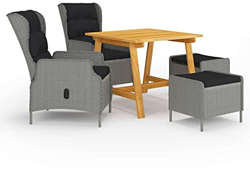 Tonture 5-TLG. Garten-Essgruppe Hellgrau, Akazienholz Tisch, verstellbare Rattan Sessel, Bequeme Kissen, für Terrasse, Balkon, Außenbereich