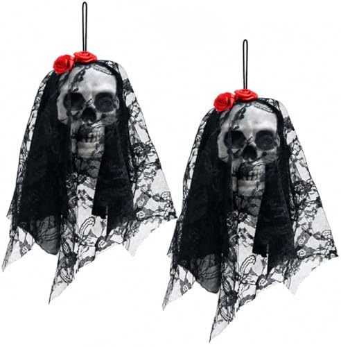 Jonami Decoración Halloween Calavera Colgante Novia Fantasma con Velo Negro para Puerta Pared, Accesorios Fiesta Terror Casa - 25cm