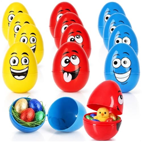 com-four® 12x Fülleier mit Gesicht - Bunte Ostereier zum Befüllen - aufklappbare Kunststoff-Hohlkörper - Leere Osterdekoration und Geschenkverpackung (12x Bunt mit Gesicht)
