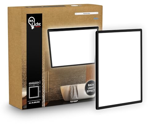 B.K.Licht - LED Deckenlampe mit indirektem Licht, Flach, Neutralweißes Licht, IP44, Panel, LED Lampe, Deckenleuchte, Badezimmer Lampe, Wohnzimmerlampe, Küchenlampe, 24x24x3 cm, Schwarz