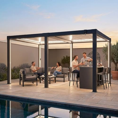 SUNJOY Louvred Pergola with Solar LED Lights, 3 x 4 m All-Weather Aluminium Hardtop Gazebo, Remote Control Adjustable Roof, Integrated Drainage, Wind & Snow Resistant Outdoor Shelter