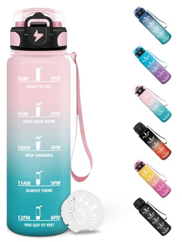 Motswedi Gourde 1l, Gourde Sport, Anti-Fuite, Bouteille, Avec Horodatage, Bouteille d'eau, Convient pour la Carbonatation, pour Court de Tennis, Bureau, Vélo, Conception de Verrouillage - Rose&Cyan