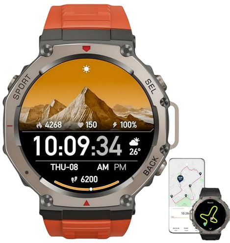 AAFGVC Sekoda GPS Smartwatch Dual Frequency, Doble Frecuencia 6 Satélites, 170+ Modos Deportivos, Frecuencia Cardíaca SpO2, 15 Días Batería, Resistente al Agua (Naranja)