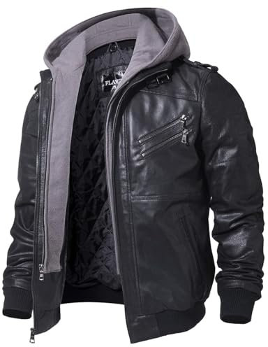 FLAVOR Veste en Cuir véritable - Homme à Capuche (XXXL, Noir)