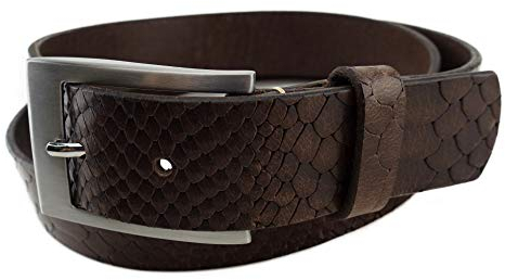 TigerTie - hochwertiger Herren Wasserbüffelledergürtel (Vollleder) in dunkelbraun mit Kroko-Optik, Schnalle in Silber, Gürtel ist kürzbar - 35 mm breit, Bundweite 100 cm