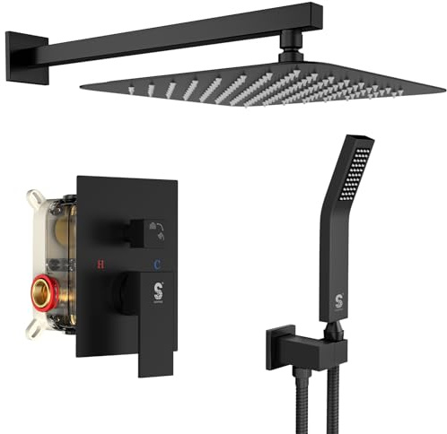 SR SUN RISE Shower Faucet Set 12-Inch Rainfall Shower Head Matte Black