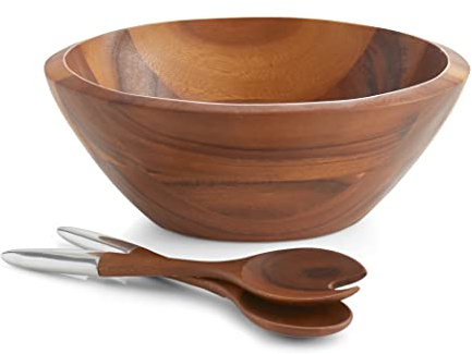 Nambe Eclipse Salad Bowl with Servers | 3-Piece Set | Large Wooden Serving Bowl for Caesar Salad, Large Salads | Big Salad Bowl with Serving Utensils | Made of Alloy & Acacia Wood (14.5 x 16” 10.5)