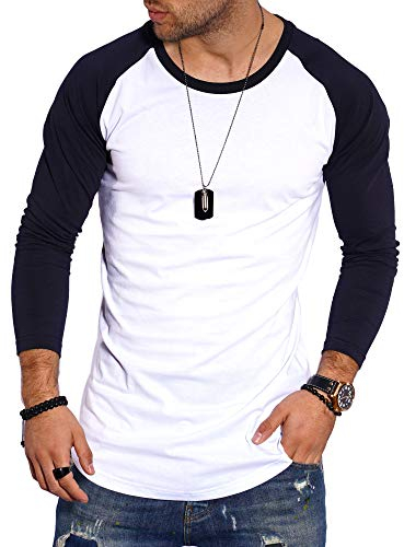 behype. Herren Oversize Longsleeve Langarm T-Shirt O-Neck Rundhals Ausschnitt 30-3752 Weiß-Navy S