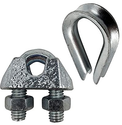 DOJA Barcelona | 25 uds de Sujetacables de Estribo M6 + 25 uds de Guardacabos M4 | 25 Dedales de Cable Acero + 25 Perrillos para Cables de Acero | Abrazadera Cable Acero para Cable Tendedero Exterior