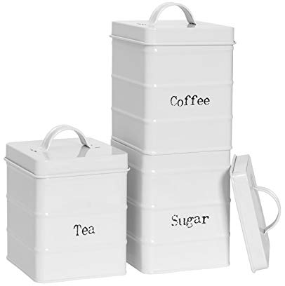 Harbour Housewares Round Metal Tea Coffee Sugar Canisters - White - 3pc Set - Vintage Kitchen Storage Loose Tea Coffee Beans Granulated Sugar Airtight Container Food Preserve Caddy with Lid