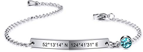 MeMeDIY Personalisiertes Armband Angepasste Gravur Name/Datum/Koordinaten für Frauen Freundin Beste Freundin Knöchelgelenk aus Edelstahl Geburtsstein Bar-Armband mit verstellbarer Kette (Silber Farbe)