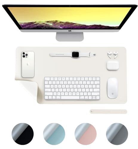 DesireTech Reversible Office Desk Mat, Dual-Sided, Waterproof Faux Leather Table Surface Protector Desk, Laptop Mat & Mouse Pad for Home & Office - 35 x 60cm (Ivory/Silver)