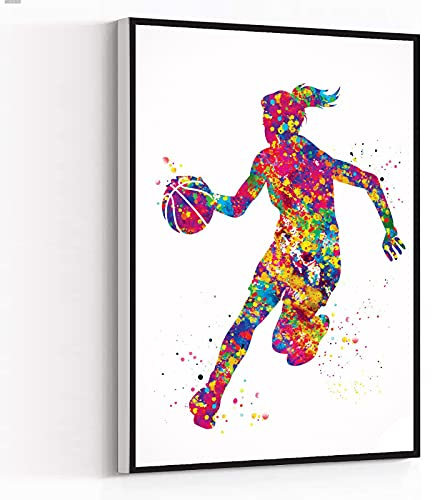 Leinwand-Kunstdruck für Schlafzimmer Zuhause, moderne Leinwand, Basketballspieler, Mädchen, Aquarelldruck, weibliche Frau, Mutter, Geschenk, Sport, Wandkunst, Basketball, 20.3 x 30.5 cm, gerahmt