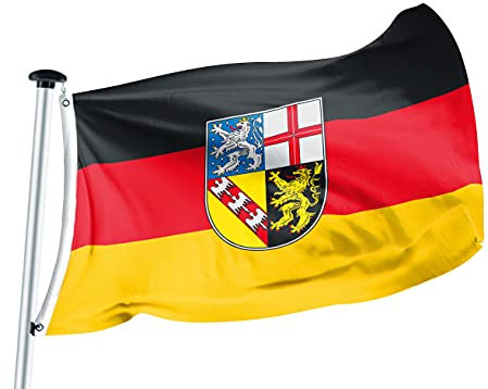 FLAGLY Premium Flagge Saarland 100x150cm -115g/m² Stoffgewicht - gedruckt, robustes und witterungsbeständiges Glanzpolyester mit Ösen (100 x 150 cm, Saarland)