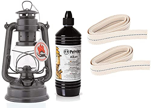 Feuerhand Starter-Set Sturmlaterne Baby Special 276 Set mit 1 Liter Alkan und 2 Ersatz-Dochten (Sparkling Iron)