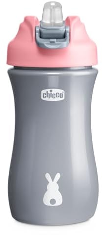 Chicco Pop-up Cup, Vaso Antigoteo para Niños Pequeños, Apertura Práctica, Boquilla con Pajita de Silicona, Cierre Hermético, Fácil de Llevar, Vaso para Niños Pequeños de 2 Años, Botella 350 ml, Rosa