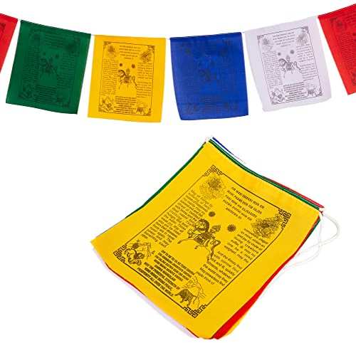 Bandiere tibetane di preghiera inglese – decorazione per esterni bandiere stampate a mano, stampate a mano in Nepal bandiera del cavallo del vento affermazione (10 bandiere)