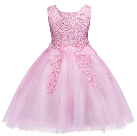Robe Fille Mariage Fleur Dentelle Elegant Princesse Tutu Tulle Bébé Enfant sans Manche Col Rond avec Nœud Papillon 3D au Dos Cérémonie Demoiselle D'honneur Soirée Anniversaire Courte Rose 7-8 ans