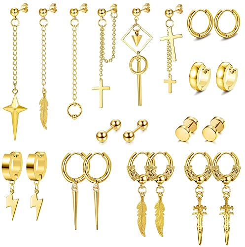 JeryWe 22 Stück Baumelnde Ohrringe für Herren Edelstahl Scharnier Creolen Lange Kette Ohrstecker Kreuz Baumeln Ohrringe Set Kpop Ohrringe für Herren Edelstahl(Gold)