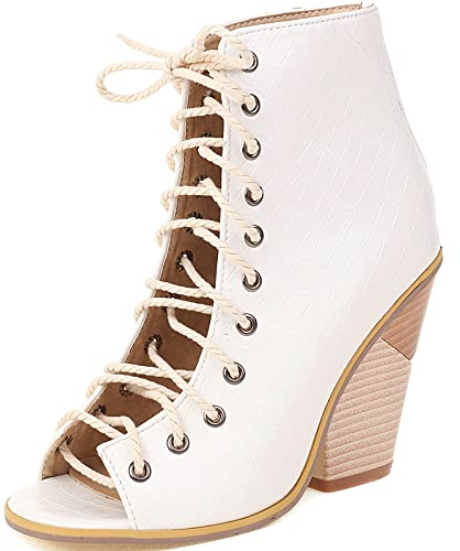 Smilice Donna zeppa e stivali estivi con lacci, bianco, 34 EU
