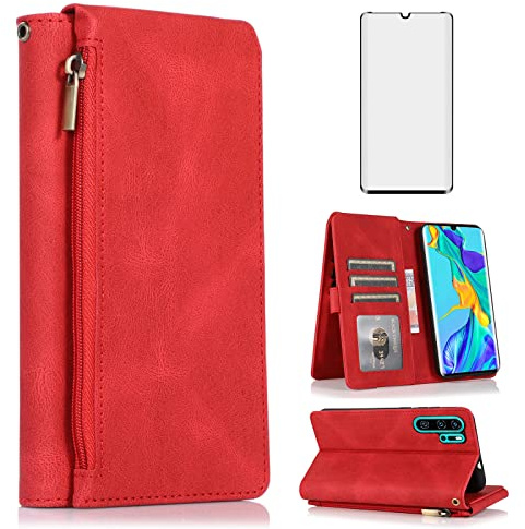 Asuwish Compatible with Huawei P30 Pro Wallet Case Tempered Glass Screen Protector Zipper Leather Flip Cover Card Holder Stand Cell Accessories Phone for Hawaii P30Pro P 30 Pro30 Women Men Red