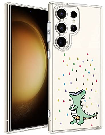 Unov Hülle für Galaxy S23 Ultra Kristallklare Handyhülle, Stoßfest Schlanke Dünn Griff, Klar mit Geprägtem Muster, UV-Schutz, Kompatibel mit kabellosem Laden, Weiche TPU, Regenbogen Dinosaurier