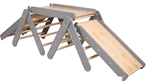 MEOWBABY Triangle d'escalade avec Toboggan et Mur d'escalade pour Enfants Structure d'escalade intérieure en Bois, Gris