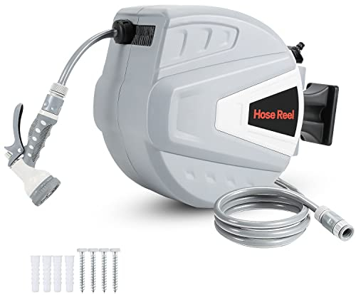 Joparri Schlauchtrommel 30m+2m mit Handbrause und Gartenschlauch, Schlauchaufroller 180° Schwenkbügel, Automatisches Aufrollen, Beliebige Länge Sperre, Wand-Schlauchbox - Grau