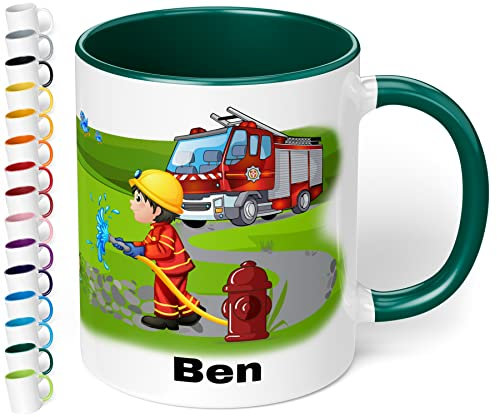 Tasse mit Namen für Kinder Feuerwehrmann – Kindertasse personalisiert – Feuerwehr Kinderbecher Trinkbecher für Jungen und Mädchen - rundum bedruckt – Geschenk zu Weihnachten, Geburtstag (Dunkelgrün)